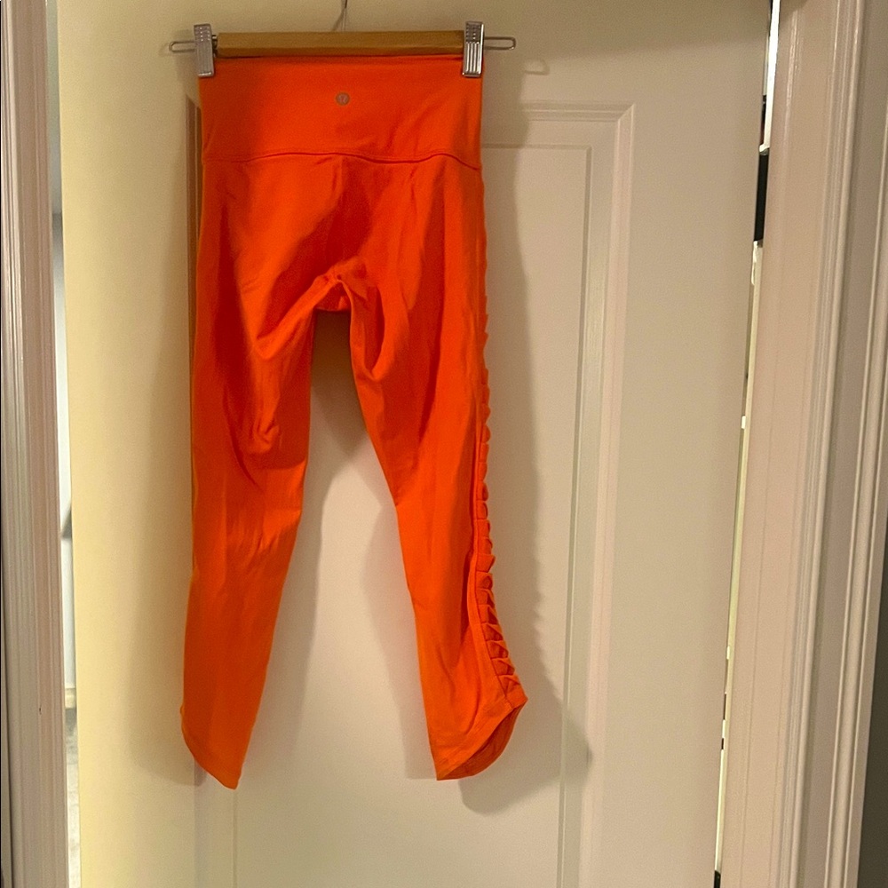 Lululemon Orange cropped Leggings with Side Ruffle